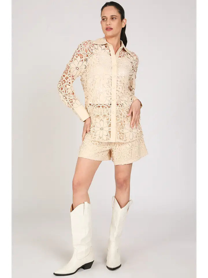 Floral Cutout Lace Detail Top & Shorts Set-Set-Beulah Style-S-Ivory-Urbanheer