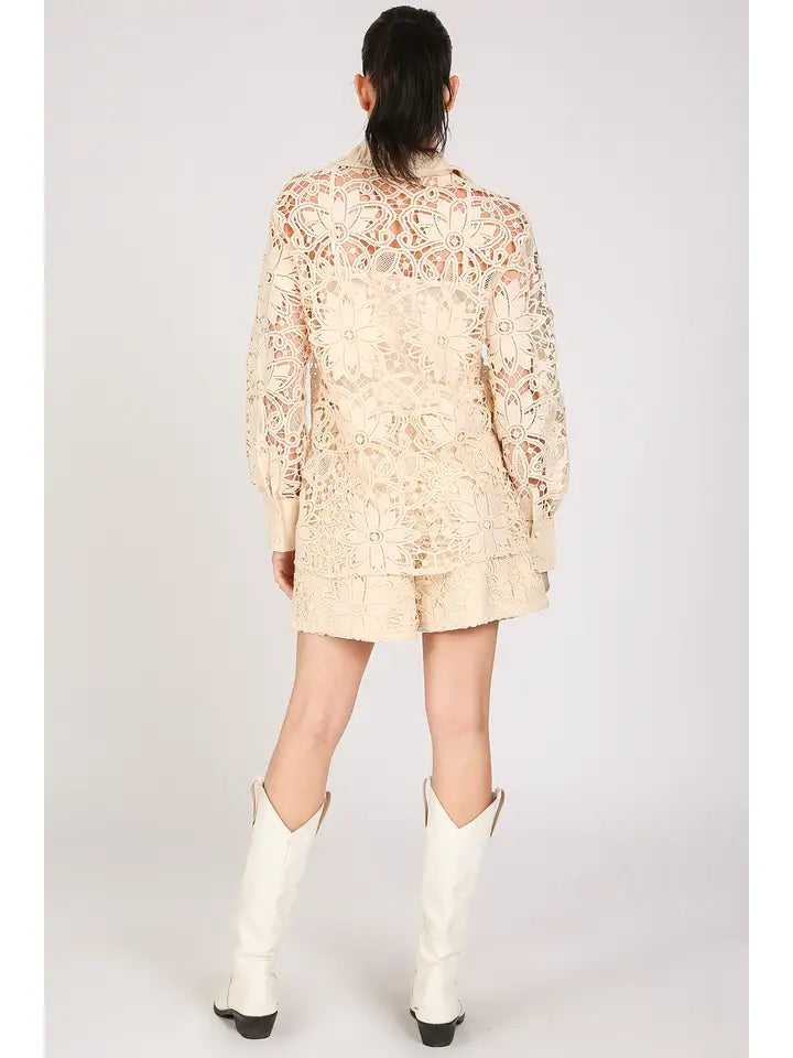 Floral Cutout Lace Detail Top & Shorts Set-Set-Beulah Style-S-Ivory-Urbanheer