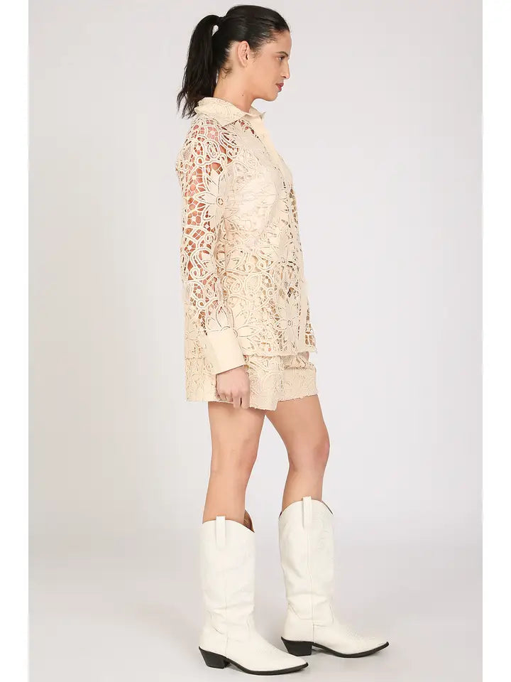 Floral Cutout Lace Detail Top & Shorts Set-Set-Beulah Style-S-Ivory-Urbanheer