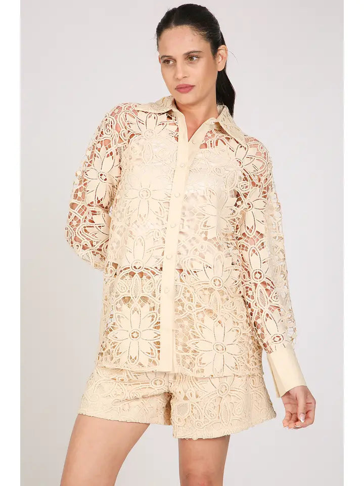 Floral Cutout Lace Detail Top & Shorts Set-Set-Beulah Style-S-Ivory-Urbanheer