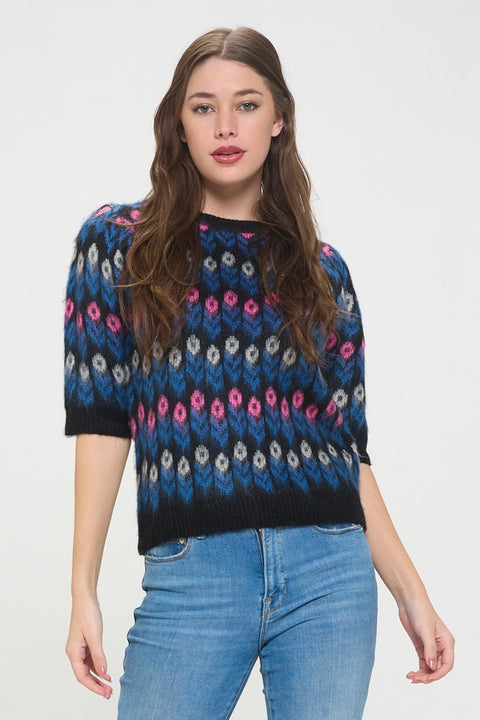 Floral Deco Knit Puff Sleeve Top-Top-Baciano-S-Urbanheer