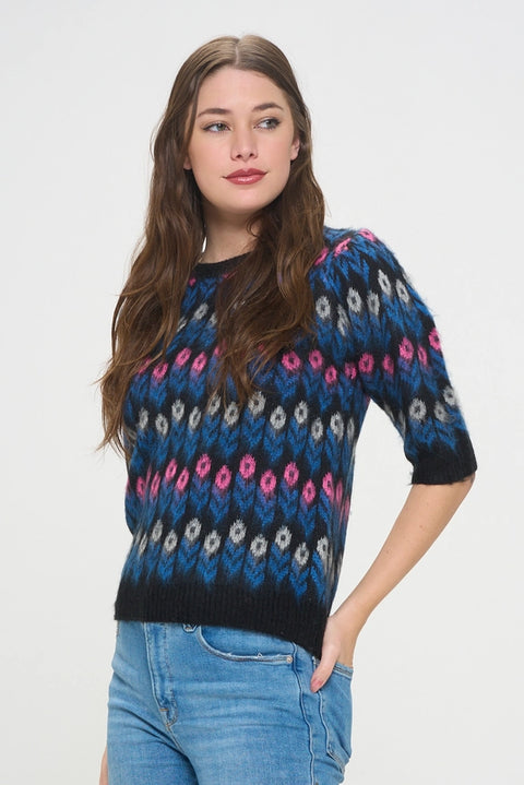 Floral Deco Knit Puff Sleeve Top-Top-Baciano-S-Urbanheer