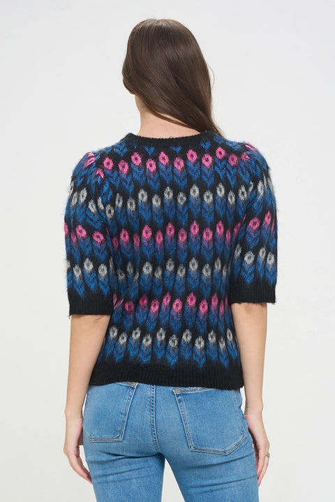 Floral Deco Knit Puff Sleeve Top-Top-Baciano-S-Urbanheer