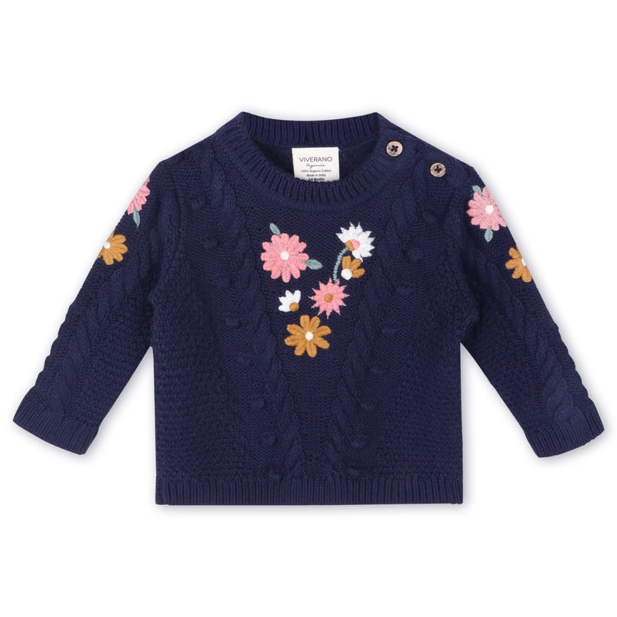 Floral Embroidered Chunky Baby Pullover Sweater (Organic) Navy Blue-Sweater-Viverano Organics-0-3M-Navy Blue-Urbanheer