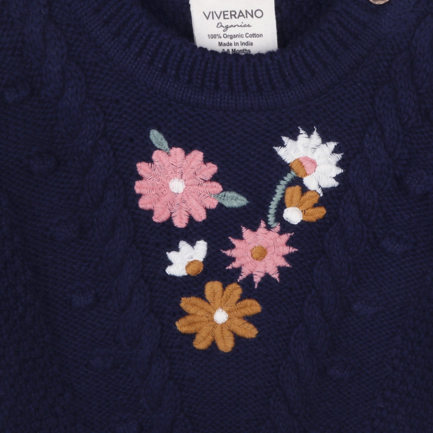 Floral Embroidered Chunky Baby Pullover Sweater (Organic) Navy Blue-Sweater-Viverano Organics-0-3M-Navy Blue-Urbanheer