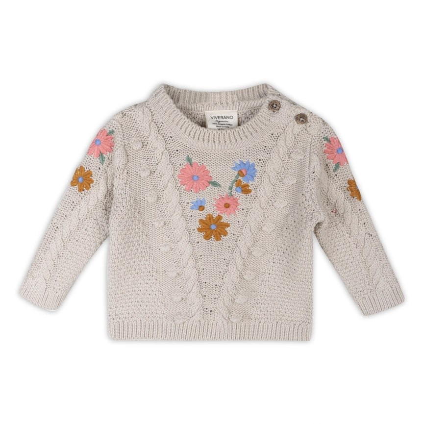 Floral Embroidered Chunky Baby Pullover Sweater (Organic) Stone-Sweater-Viverano Organics-0-3M-Stone-Urbanheer