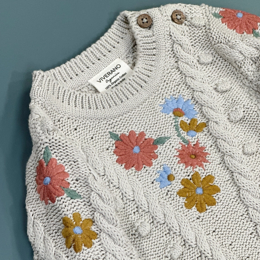 Floral Embroidered Chunky Baby Pullover Sweater (Organic) Stone-Sweater-Viverano Organics-0-3M-Stone-Urbanheer