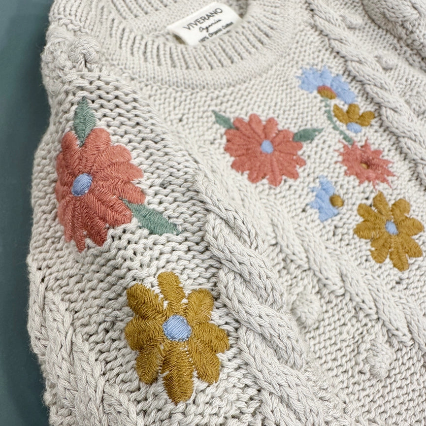 Floral Embroidered Chunky Baby Pullover Sweater (Organic) Stone-Sweater-Viverano Organics-0-3M-Stone-Urbanheer