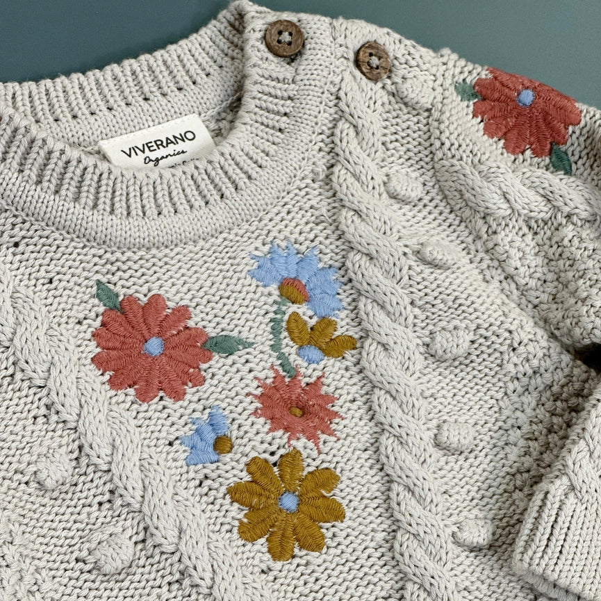Floral Embroidered Chunky Baby Pullover Sweater (Organic) Stone-Sweater-Viverano Organics-0-3M-Stone-Urbanheer