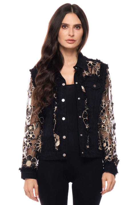 Floral Embroidered Mesh Sleeve Denim Jacket