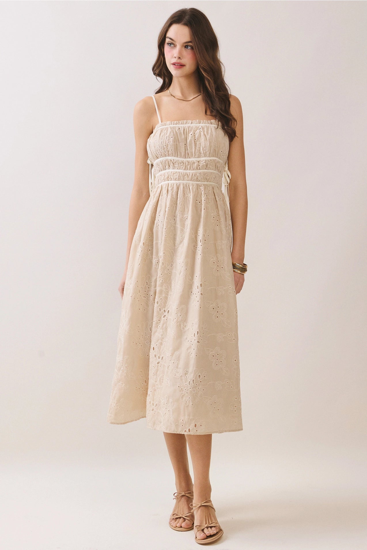Floral Eyelet Embroidery Side Pockets Midi Dress