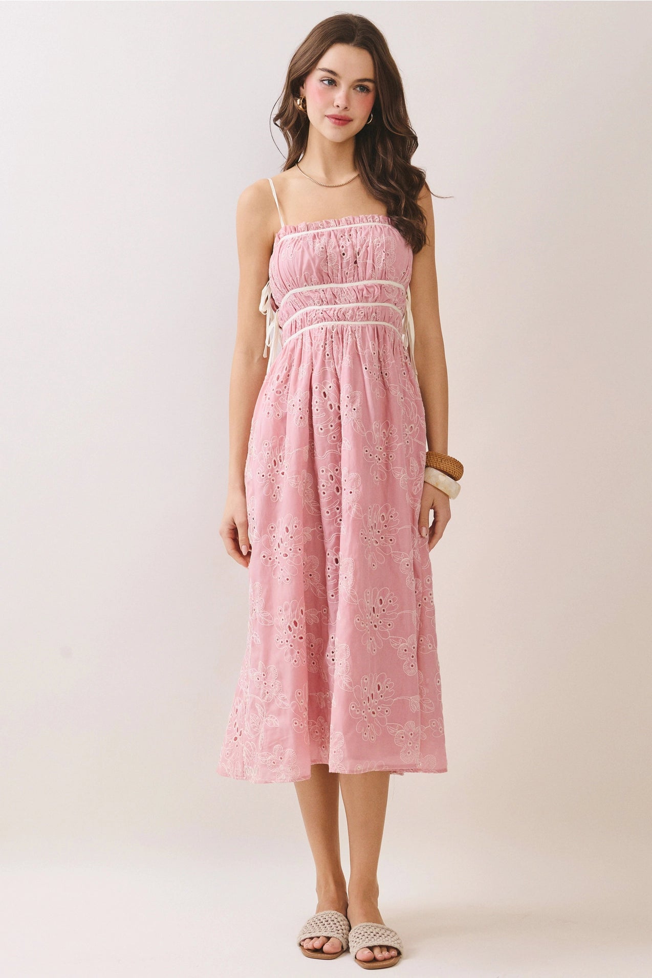 Floral Eyelet Embroidery Side Pockets Midi Dress