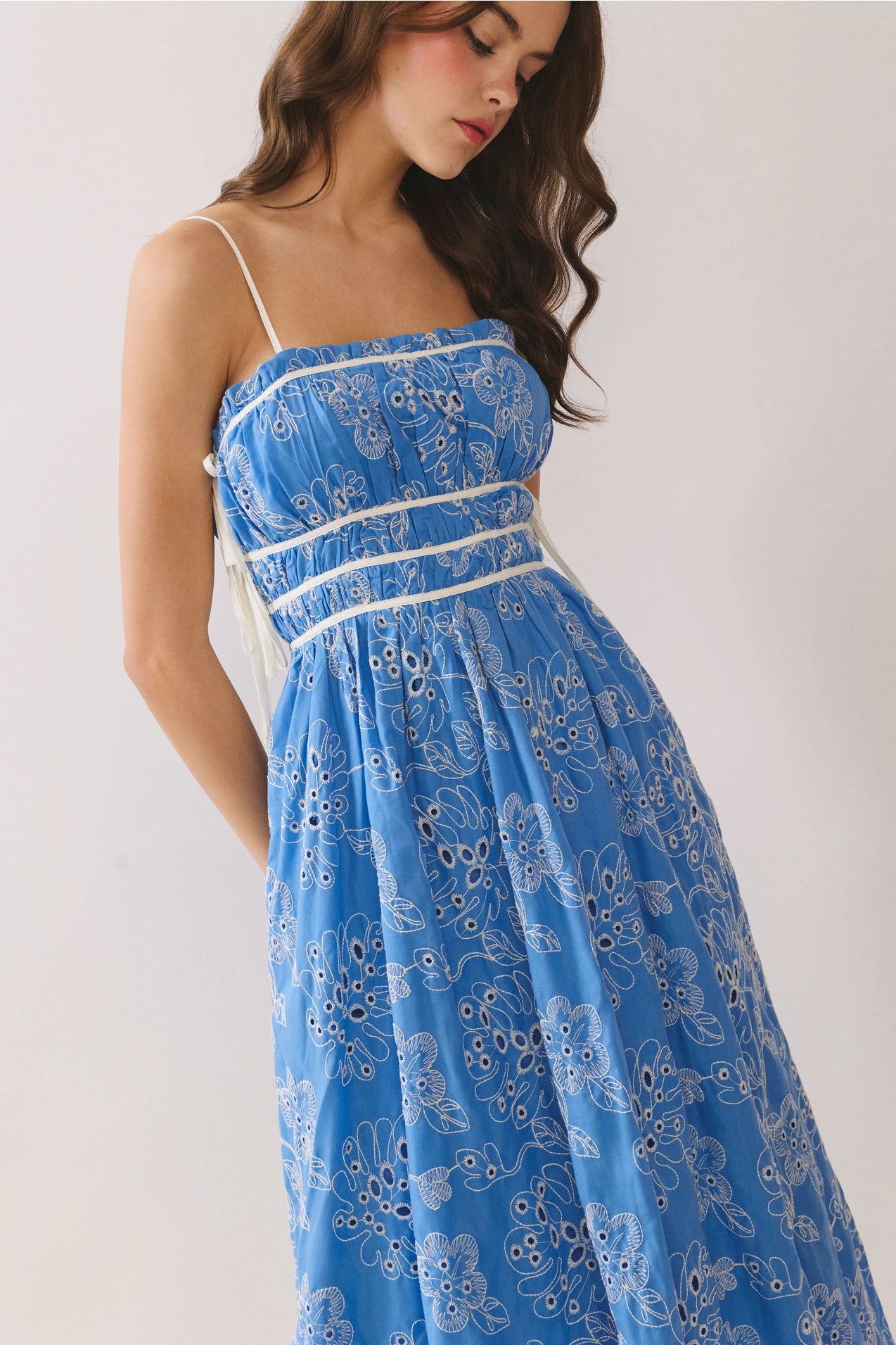 Floral Eyelet Embroidery Side Pockets Midi Dress - Blue