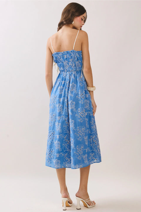 Floral Eyelet Embroidery Side Pockets Midi Dress - Blue