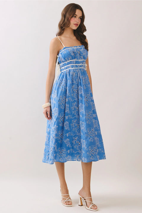 Floral Eyelet Embroidery Side Pockets Midi Dress - Blue