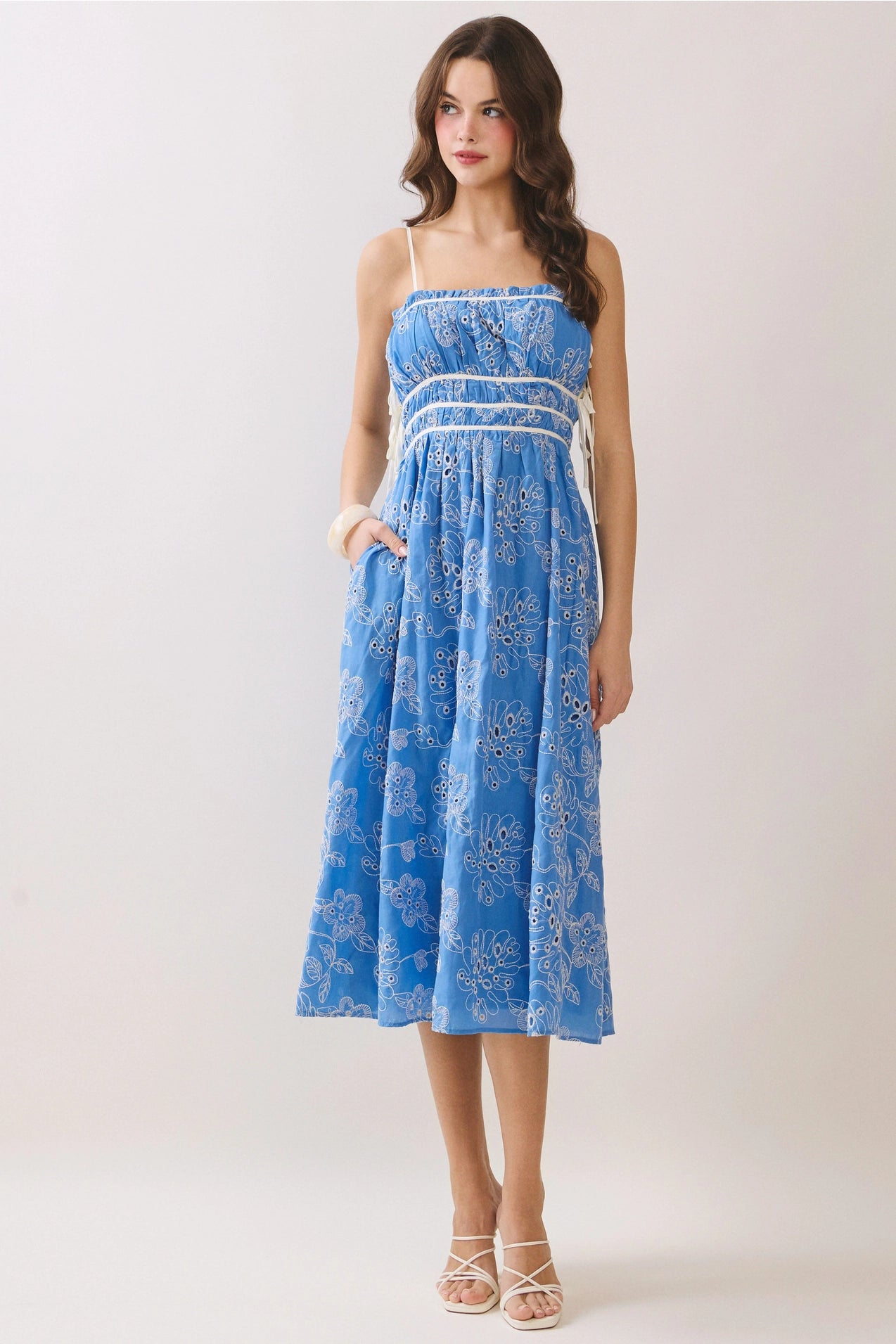 Floral Eyelet Embroidery Side Pockets Midi Dress - Blue