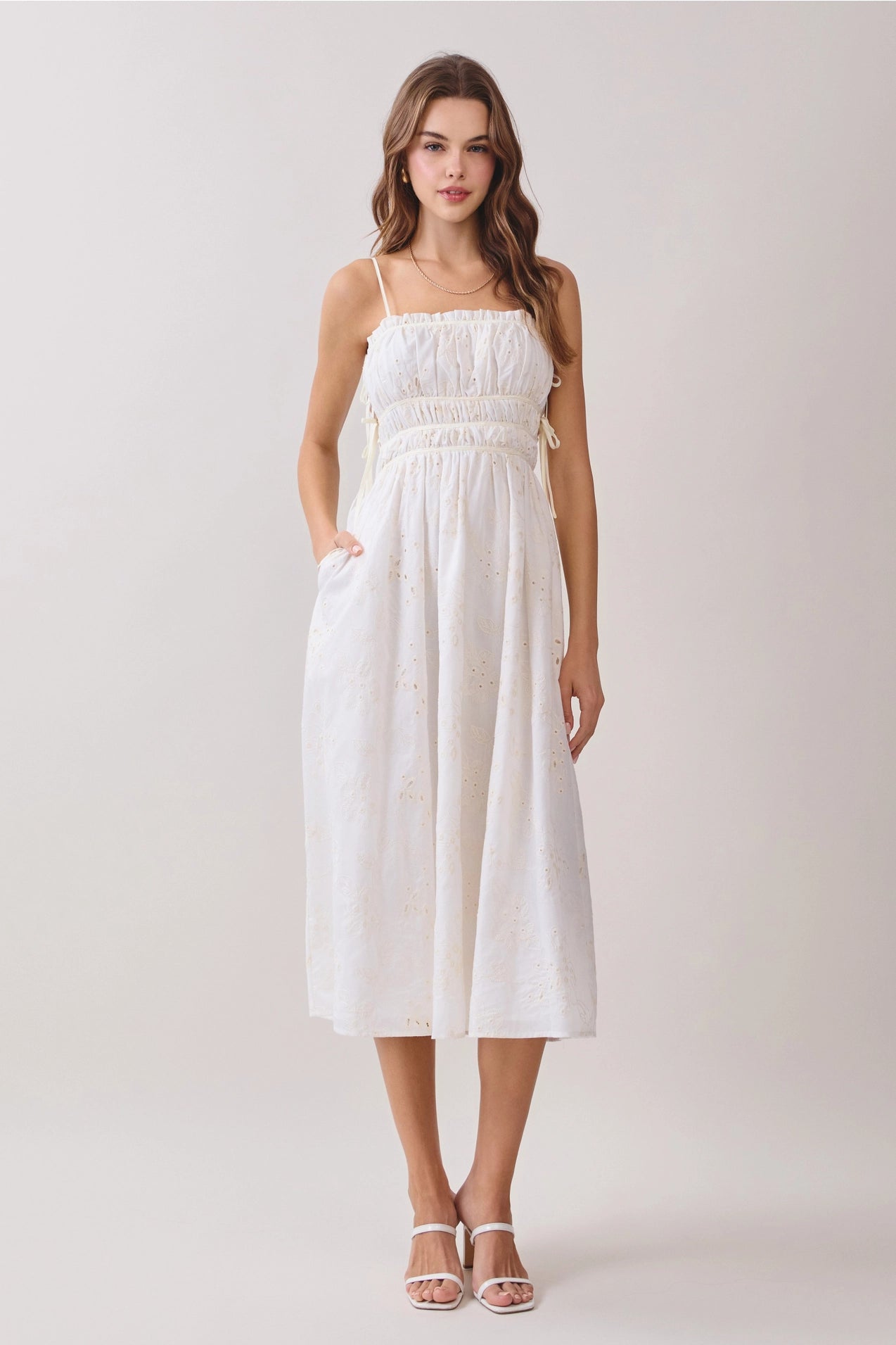 Floral Eyelet Embroidery Side Pockets Midi Dress