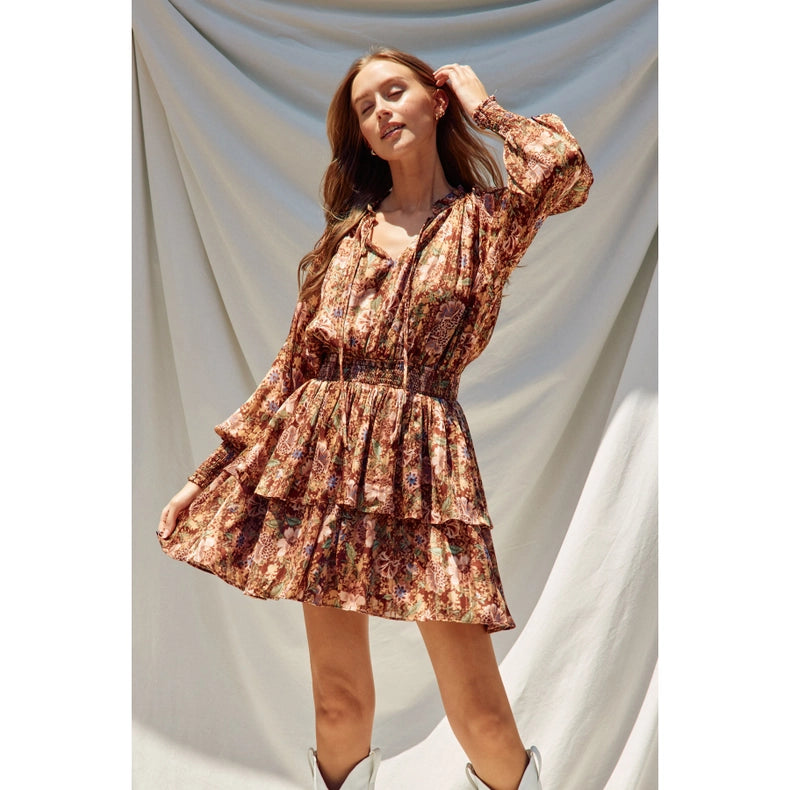 Floral Jacquard Cinched Waist Mini Dress-Dress-Dress Forum-S-MAPLE BROWN-Urbanheer