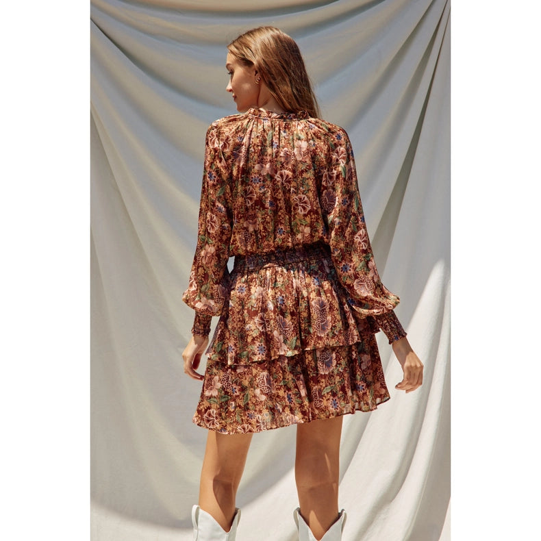Floral Jacquard Cinched Waist Mini Dress-Dress-Dress Forum-S-MAPLE BROWN-Urbanheer