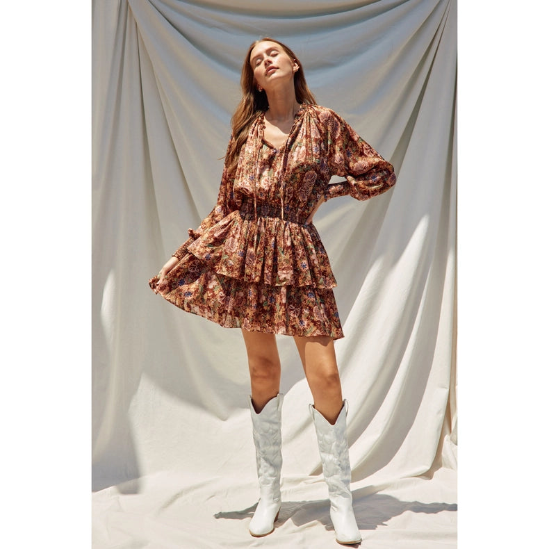 Floral Jacquard Cinched Waist Mini Dress-Dress-Dress Forum-S-MAPLE BROWN-Urbanheer