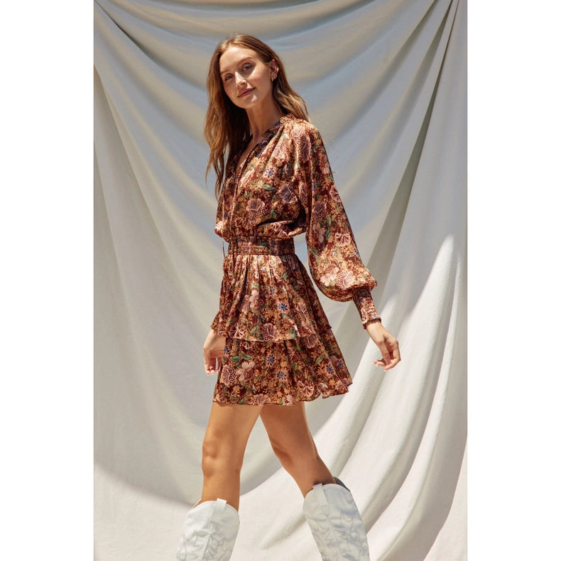Floral Jacquard Cinched Waist Mini Dress-Dress-Dress Forum-S-MAPLE BROWN-Urbanheer