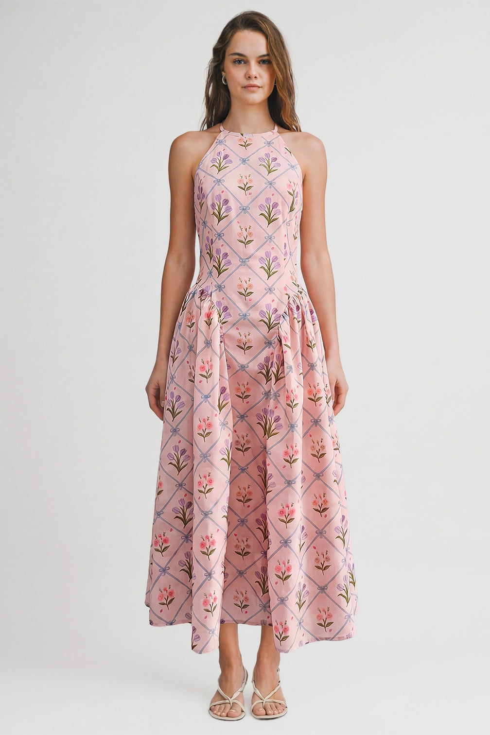 Floral Jacquard Halter Midi Dress