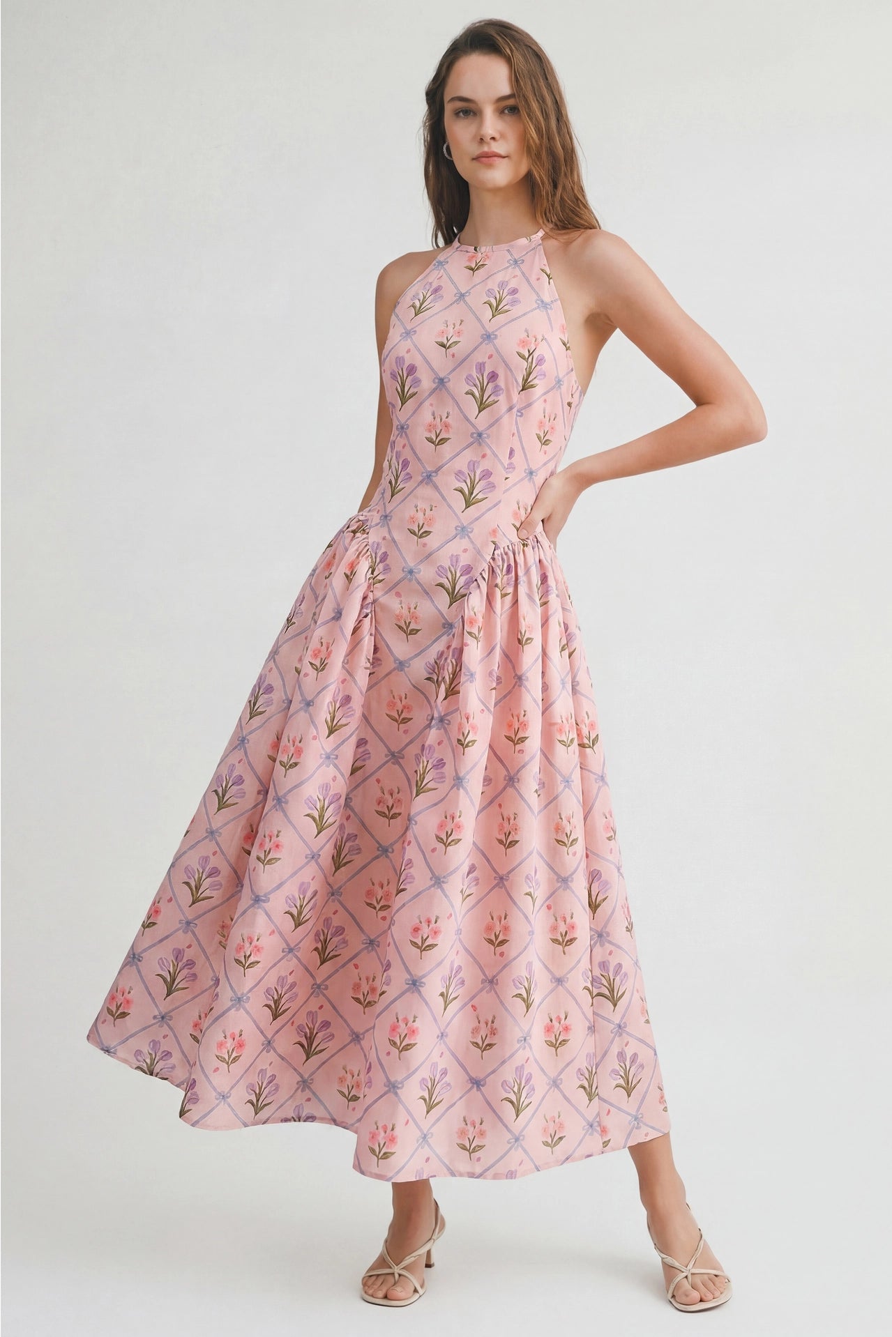 Floral Jacquard Halter Midi Dress
