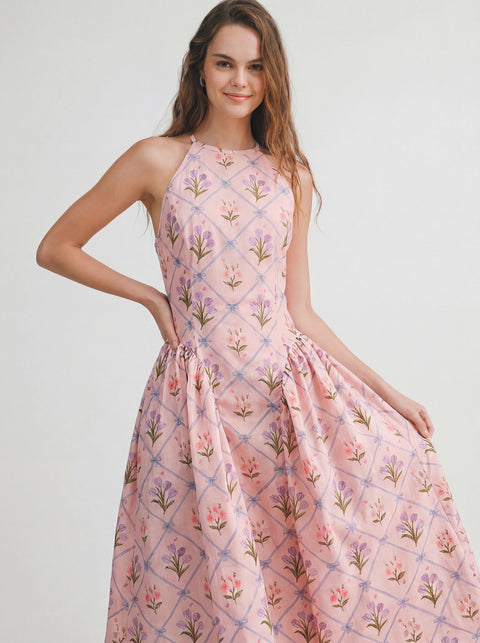 Floral Jacquard Halter Midi Dress