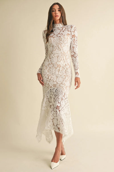 Floral Lace Midi Dress White