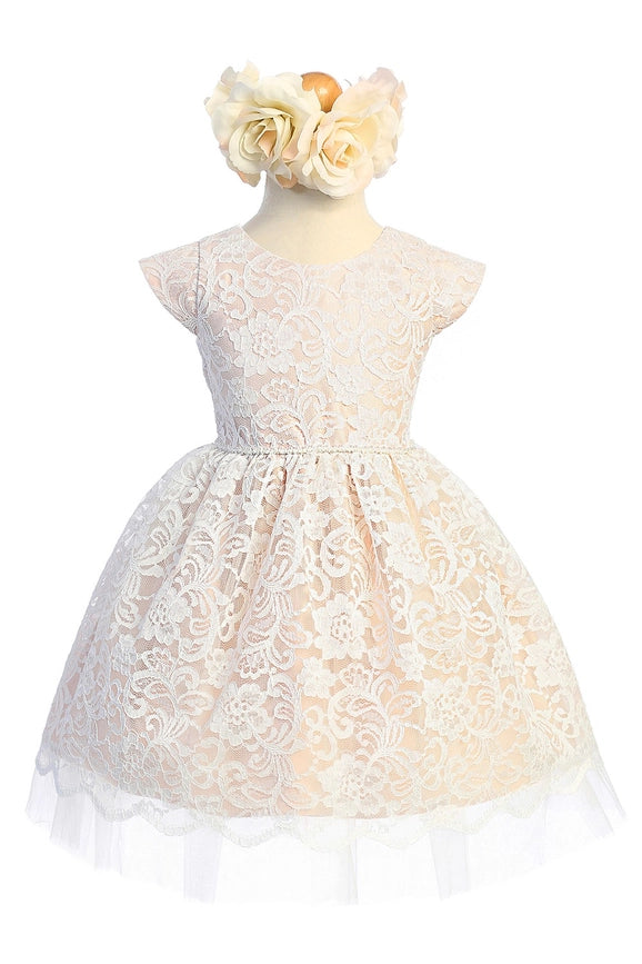 Floral Lace with Peek A Boo Tulle & Pearl Trim-Baby Girl Dress-Sweet Kids, Inc.-S (6mths)-blush-Urbanheer