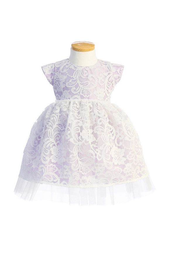 Floral Lace with Peek A Boo Tulle & Pearl Trim-Baby Girl Dress-Sweet Kids, Inc.-S (6mths)-lavender-Urbanheer