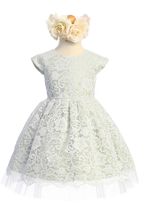 Floral Lace with Peek A Boo Tulle & Pearl Trim-Baby Girl Dress-Sweet Kids, Inc.-S (6mths)-sage-Urbanheer