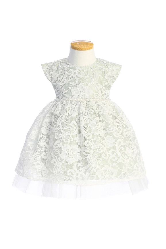 Floral Lace with Peek A Boo Tulle & Pearl Trim-Baby Girl Dress-Sweet Kids, Inc.-S (6mths)-off white-Urbanheer
