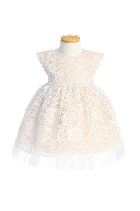 Floral Lace with Peek A Boo Tulle & Pearl Trim-Baby Girl Dress-Sweet Kids, Inc.-S (6mths)-off white-Urbanheer