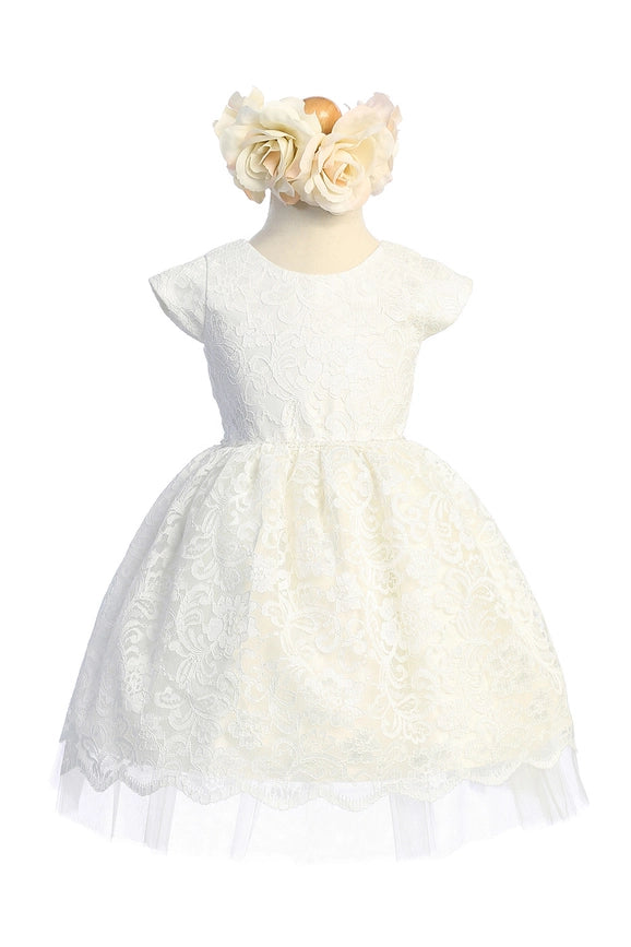 Floral Lace with Peek A Boo Tulle & Pearl Trim-Baby Girl Dress-Sweet Kids, Inc.-S (6mths)-off white-Urbanheer