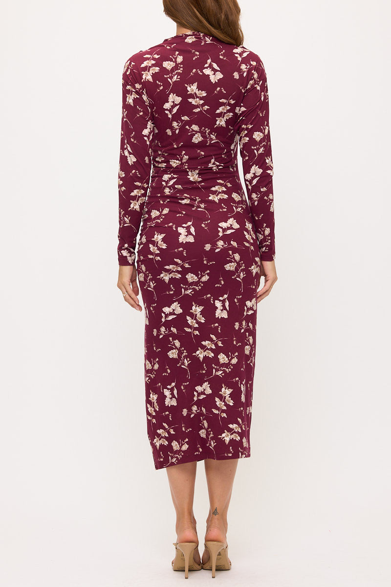 Floral Long Sleeve Ruched Dress w Slit-3