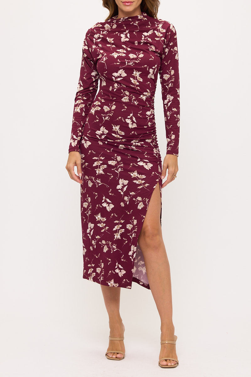 Floral Long Sleeve Ruched Dress w Slit-4