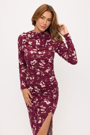 Floral Long Sleeve Ruched Dress w Slit-0