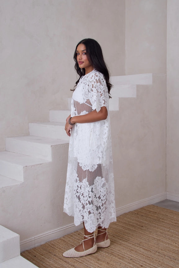 Floral Mesh Lace Kaftan White-Kaftan-SAACHI-White-Urbanheer