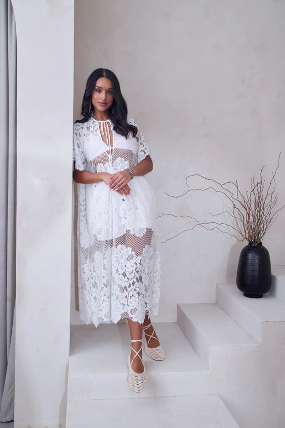 Floral Mesh Lace Kaftan White-Kaftan-SAACHI-White-Urbanheer
