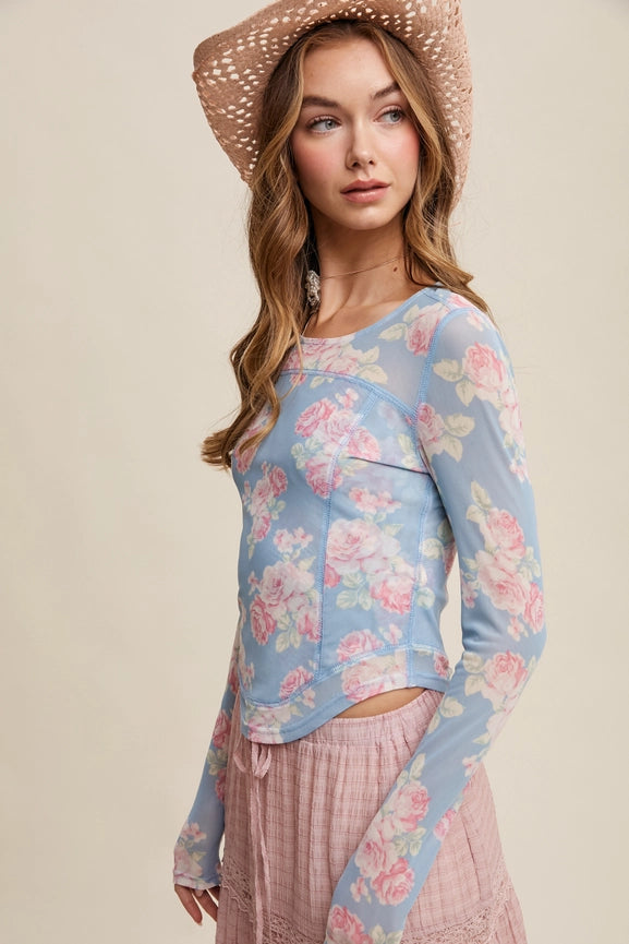 Floral Mesh Long Sleeve Layering Top Light Blue-Top-Listicle-S-Light Blue-Urbanheer