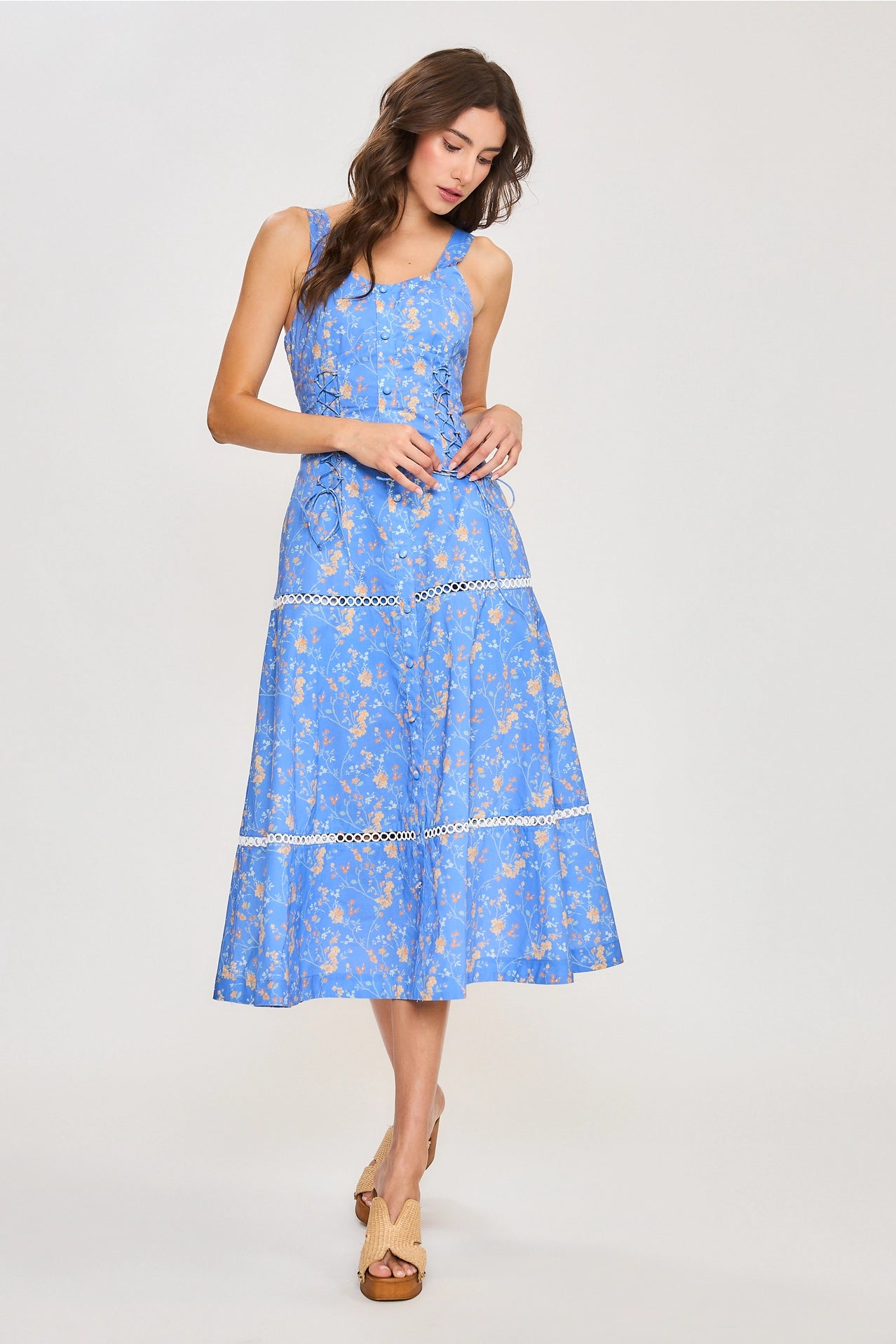 Floral Midi Dress with Lace Detailing