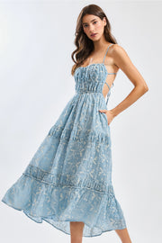 Floral Midi Dress with Tiered Skirt and Open Back