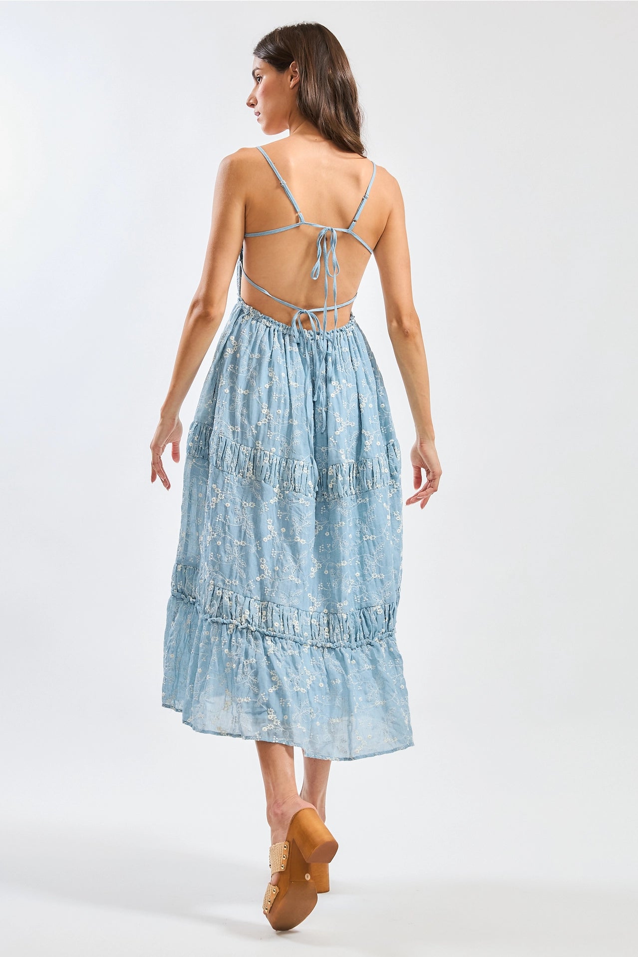 Floral Midi Dress with Tiered Skirt and Open Back