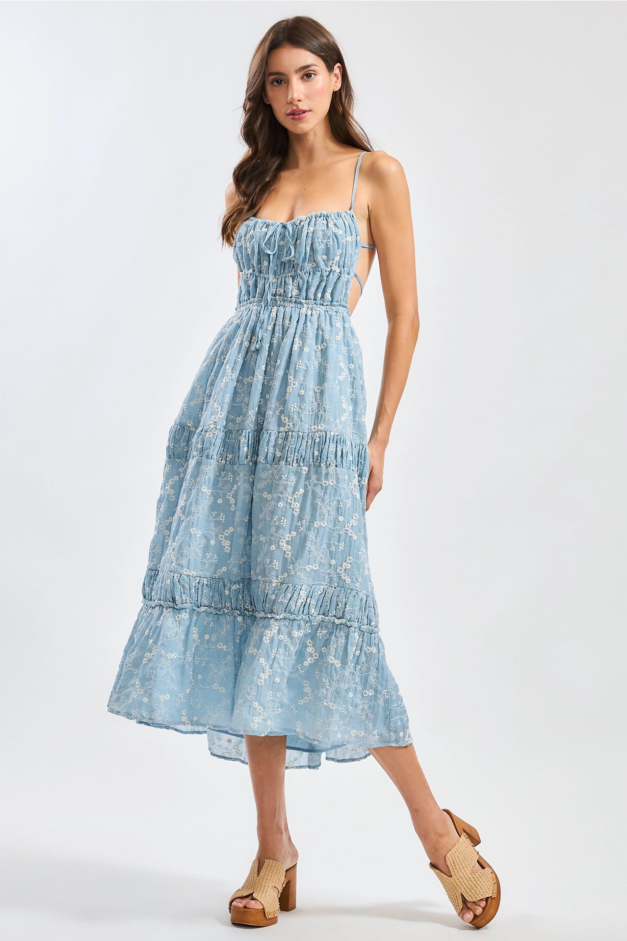 Floral Midi Dress with Tiered Skirt and Open Back