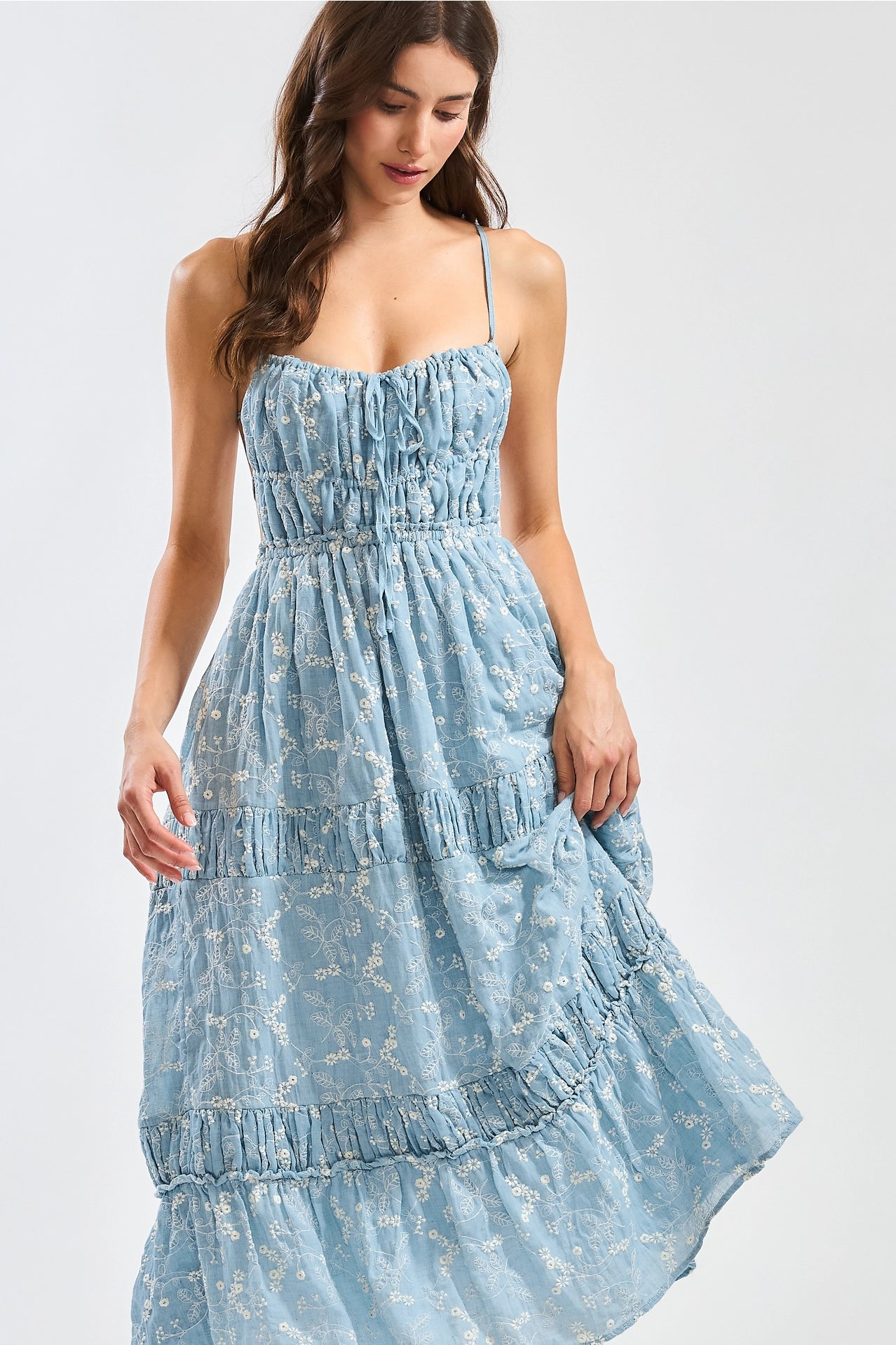 Floral Midi Dress with Tiered Skirt and Open Back