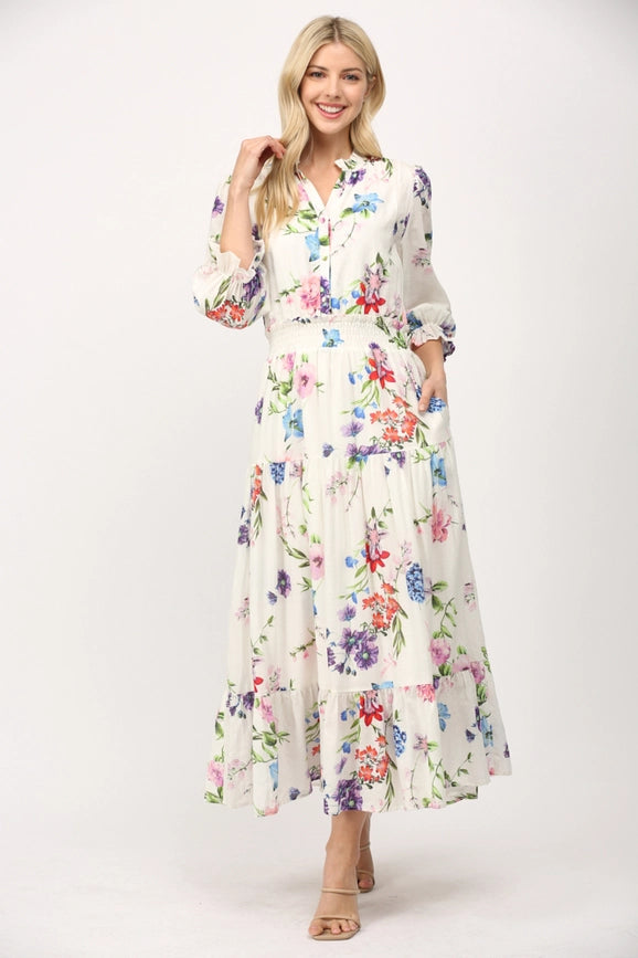 Floral Motif Print Cotton Gathered Waist Midi Dress-Dress-FATE-S-WHITE MULTI-Urbanheer