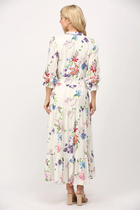 Floral Motif Print Cotton Gathered Waist Midi Dress-Dress-FATE-S-WHITE MULTI-Urbanheer