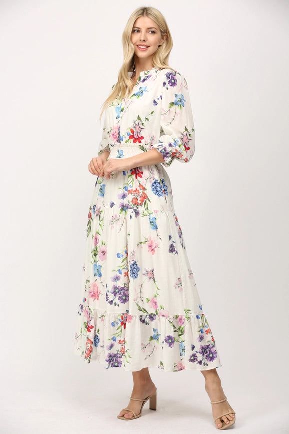 Floral Motif Print Cotton Gathered Waist Midi Dress-Dress-FATE-S-WHITE MULTI-Urbanheer