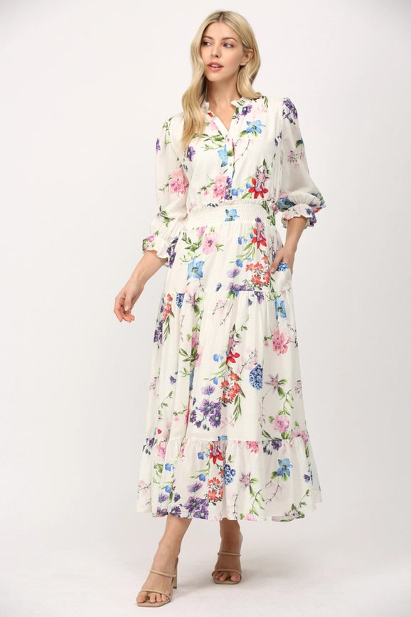 Floral Motif Print Cotton Gathered Waist Midi Dress-Dress-FATE-S-WHITE MULTI-Urbanheer